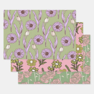 Groen Paarse Retro Y2K Funky Hippie Bloempatroon Inpakpapier Vel