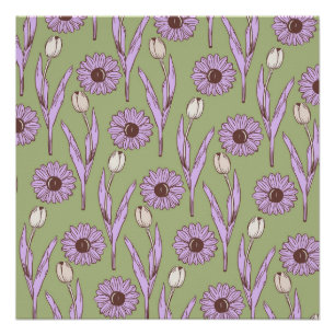 Groen Paarse Retro Y2K Funky Hippie Bloempatroon Perfect Poster