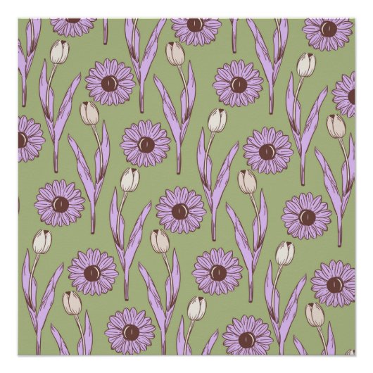 Groen Paarse Retro Y2K Funky Hippie Bloempatroon Perfect Poster (Voorkant)