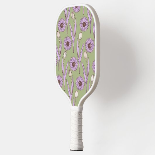 Groen Paarse Retro Y2K Funky Hippie Bloempatroon Pickleball Paddle (Links)