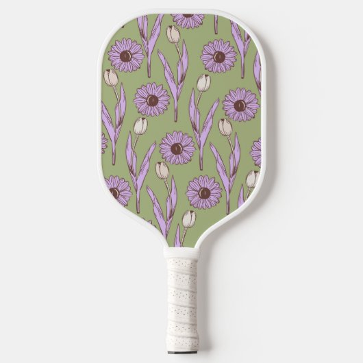 Groen Paarse Retro Y2K Funky Hippie Bloempatroon Pickleball Paddle (Voorkant)