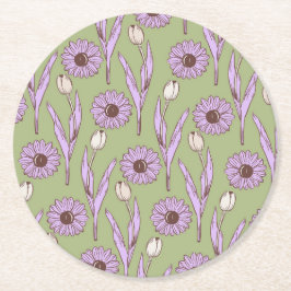 Groen Paarse Retro Y2K Funky Hippie Bloempatroon Ronde Kartonnen Onderzetter
