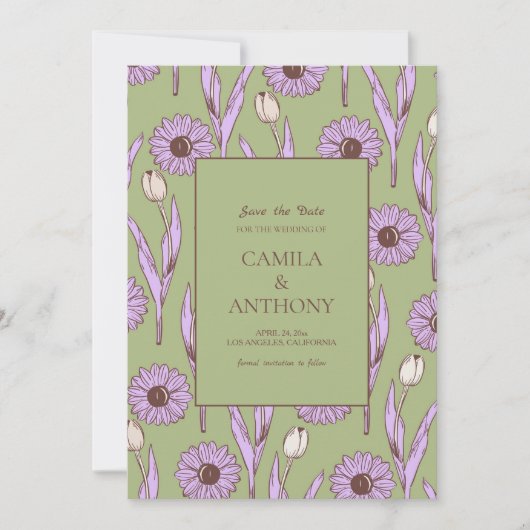 Groen Paarse Retro Y2K Funky Hippie Bloempatroon Save The Date (Voorkant)