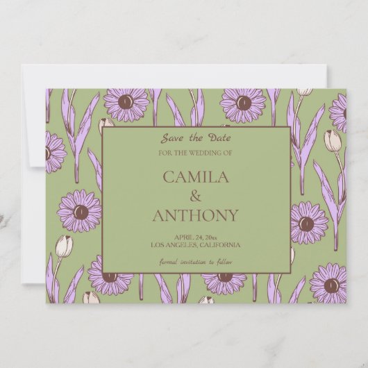 Groen Paarse Retro Y2K Funky Hippie Bloempatroon Save The Date (Voorkant)