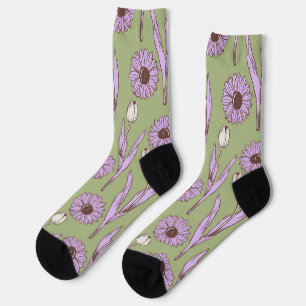 Groen Paarse Retro Y2K Funky Hippie Bloempatroon Sokken