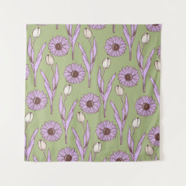 Groen Paarse Retro Y2K Funky Hippie Bloempatroon Wandkleed