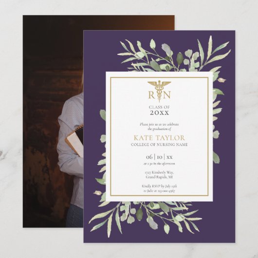 Groen Paarse RN Verpleegkundig Afstuderen Foto Kaart (Voorkant / Achterkant)