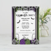 Groen Paarse & Zwart Wit Strepen Halloween Party Kaart (Staand voorkant)