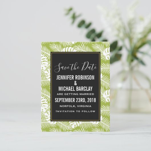 Groen palm laat regenwoudepatroon de Datum sparen Briefkaart (Staand voorkant)
