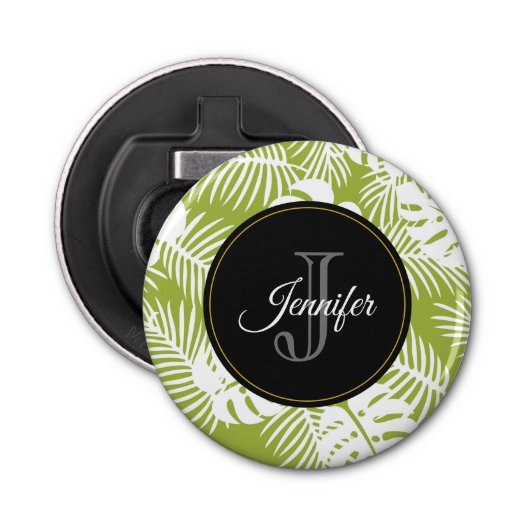 Groen palm leves regenwoud Monogram Button Flesopener (Voorkant)