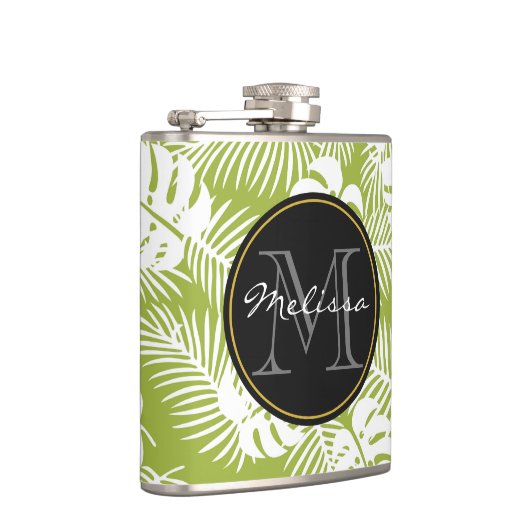 Groen palm leves regenwoud Monogram Heupfles (Rechts)