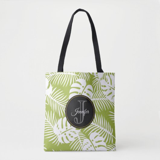 Groen palm leves regenwoud Monogram Tote Bag (Voorkant)