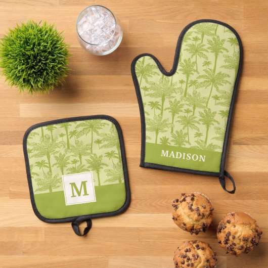 Groen palm Trees Pattern Ovenwant & Pannenlap Set (Top down)