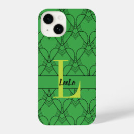 Groen Patroonmonogram voor harten en Aangepaste na iPhone 14 Hoesje