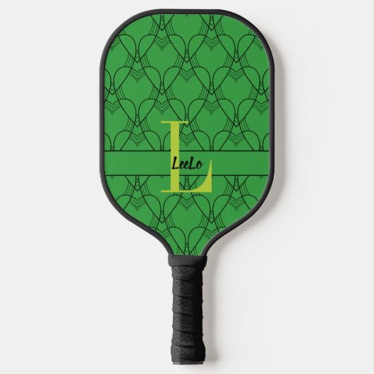 Groen Patroonmonogram voor harten en Aangepaste na Pickleball Paddle (Voorkant)