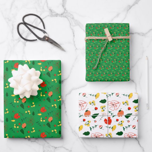 Groen patroonrood sinaasappel wildflower wrapping  inpakpapier vel (Voorkant)