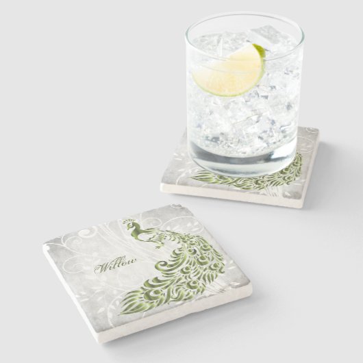 Groen Peacock - Aangepast Onderzetter met Steen (Zijkant)