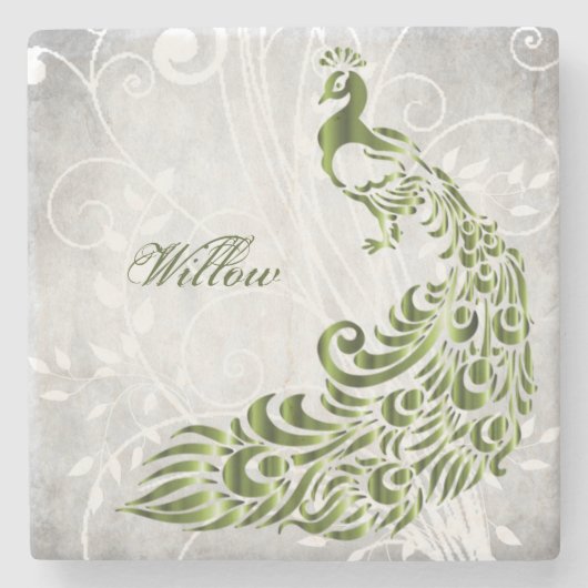 Groen Peacock - Aangepast Onderzetter met Steen (Voorkant)