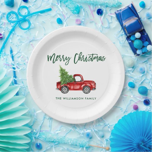 Groen penseel Manuscript  Red Truck Kerstmis Papieren Bordje (Feest)