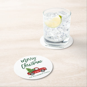 Groen penseel Manuscript  Red Truck Kerstmis Ronde Kartonnen Onderzetter