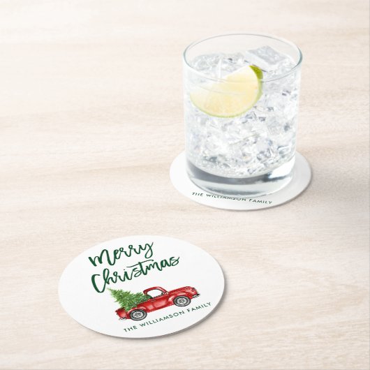 Groen penseel Manuscript  Red Truck Kerstmis Ronde Kartonnen Onderzetter (Insitu)