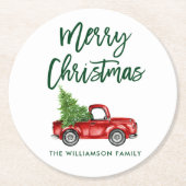 Groen penseel Manuscript  Red Truck Kerstmis Ronde Kartonnen Onderzetter (Voorkant)