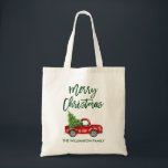 Groen penseel Manuscript Red Truck Kerstmis Tote Bag<br><div class="desc">Modern penseelscript voor vrolijk kerstfeest Waterverf rood vrachtwagen met Canvas tas kerstboom</div>