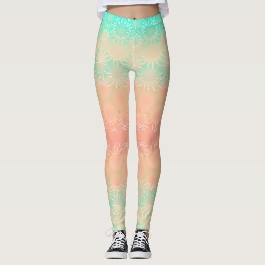 Groen, perzik, meloen en koraal geometrisch leggings (Voorkant)