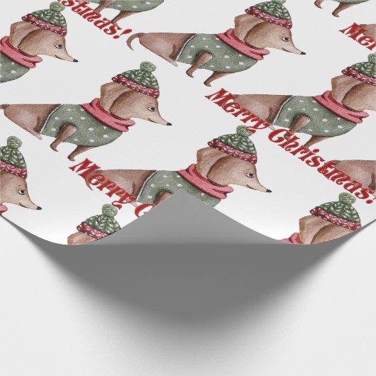 Groen Pet en Zweater Dachshund kerstinpakken Cadeaupapier (Hoek)