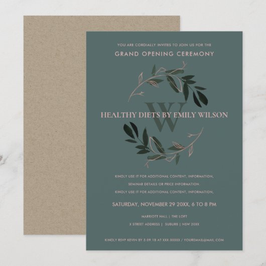 GROEN PINK FOLIAGE WREATH GRAND OPENEN INVITE BEDANKKAART (Voorkant / Achterkant)