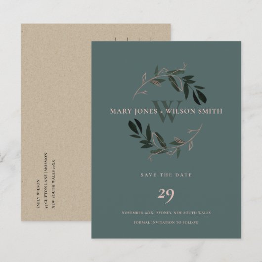 GROEN PINK ROSE GOLD FOLIAGE WREATS BEWAREN DE DAT AANKONDIGINGSKAART (Voorkant / Achterkant)