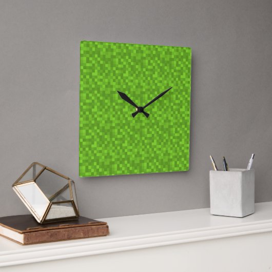 Groen Pixelpatroon Retro 8-Bit Gaming Vierkante Klok (Kantoor)