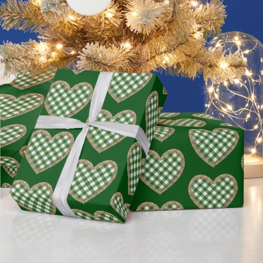 Groen Plaid Goud Glitter Hart Vakantie Cadeaupapier (Feestdagen)