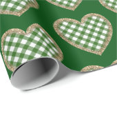 Groen Plaid Goud Glitter Hart Vakantie Cadeaupapier (Rol Hoek)