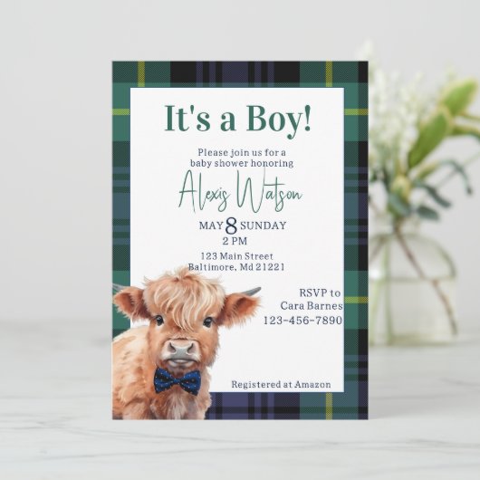 Groen plaid hoogland koe baby shower kaart (Staand voorkant)