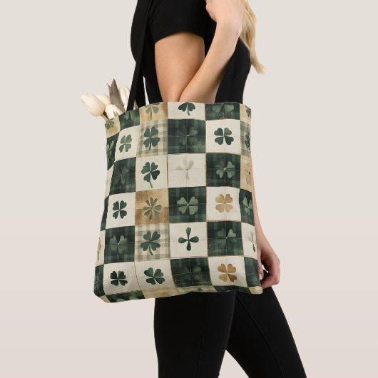 GROEN PLAID PATROON MET GROENE & WITTE SHAMROCKS TOTE BAG (Dichtbij)
