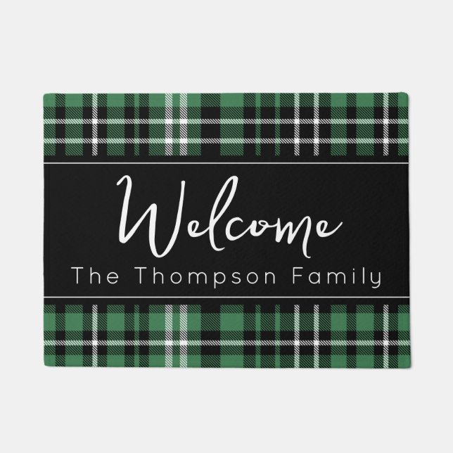 Groen Plaid Welkom Monogrammed Familienaam Doorm Deurmat (Voorkant)