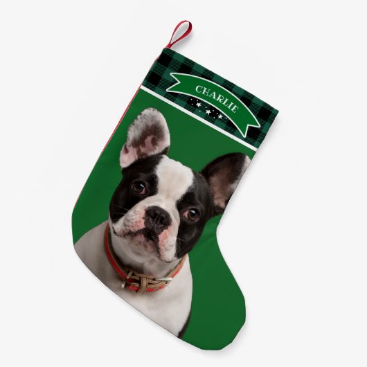 Groen Plakken Patroon Custom Foto Huisdier Hond Kleine Kerstsok (Voorkant (Hangend))