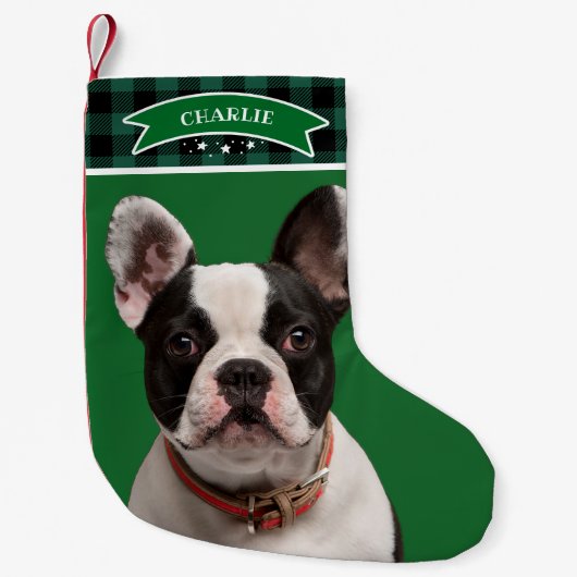 Groen Plakken Patroon Custom Foto Huisdier Hond Kleine Kerstsok (Voorkant)