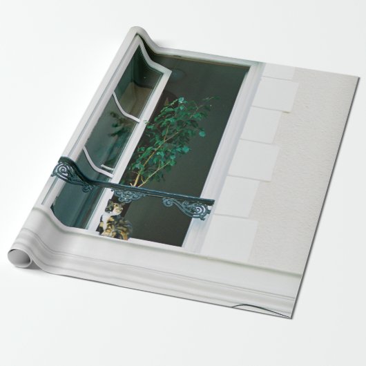 GROEN PLANT OP WITTE VENSTER CADEAUPAPIER (Uitgerold)