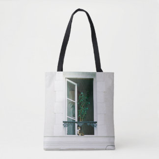 GROEN PLANT OP WITTE VENSTER TOTE BAG