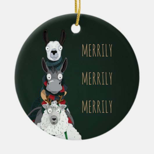 Groen plezier "Merrily Merrily" Winterdieren Keramisch Ornament (Voorkant)