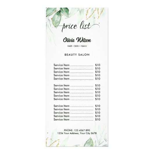 Groen prijslijst reclamekaart (Voorkant)