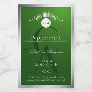 Groen productlabel zilveren frame logo en monogram voedselcontainer etiket