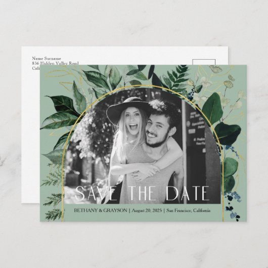 Groen, QR-code Botanische foto opslaan datum Aankondigingskaart (Voorkant / Achterkant)