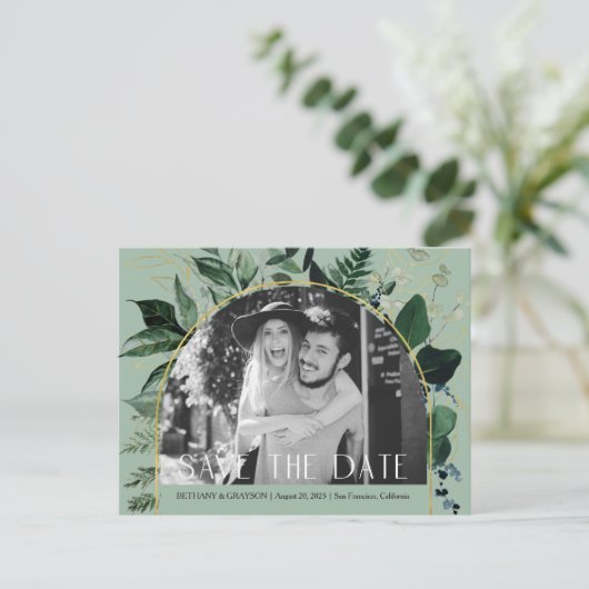 Groen, QR-code Botanische foto opslaan datum Aankondigingskaart (Staand voorkant)