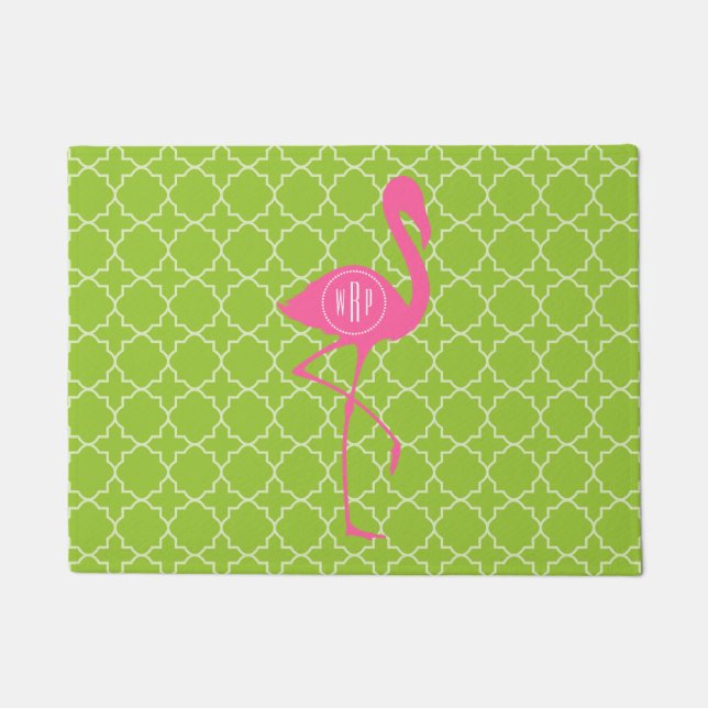 Groen Quatrefoil Monogram Roze Flamingo Doormat Deurmat (Voorkant)