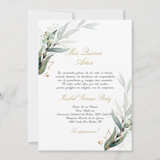 Groen Quinceanera uitnodiging in het Spaans (Voorkant)