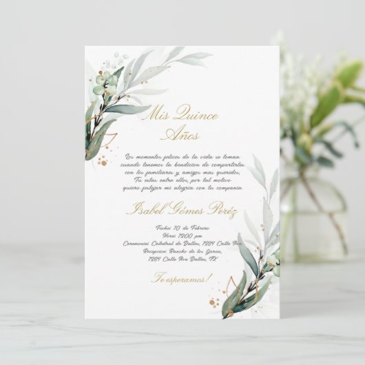 Groen Quinceanera uitnodiging in het Spaans (Staand voorkant)