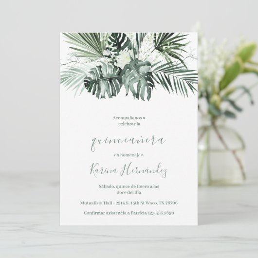 Groen quinceanera uitnodiging in het Spaans (Staand voorkant)